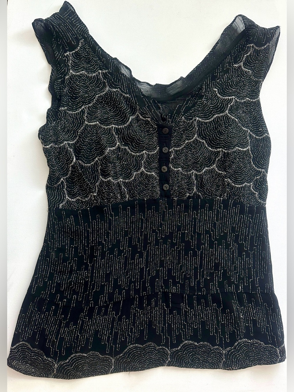 Ghost women's Black Crop Top with Silver Linear Embroidery. Size M.